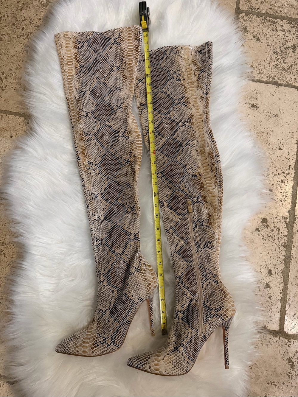 Over-the-Knee Snakeskin Pointed Toe Boots in Cream